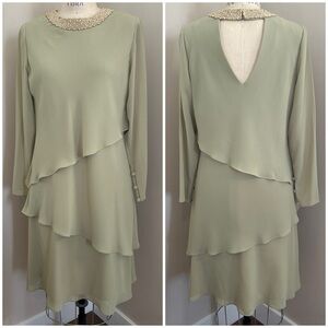 VTG 90s Celadon Beaded Julian Wilder Long Sleeved Dress Tiered Chiffon 20s Sz 10
